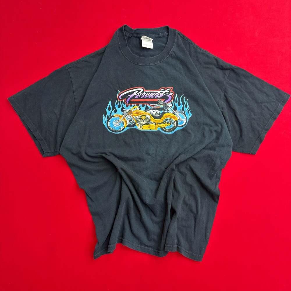 Vintage 90's Y2K Men's Perewitz Motorcycles Bike Harley Flames T-Shirt Black